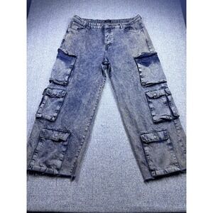 Boohoo MAN Wide Leg Cargo Acid Wash Brown Multi Pocket Men's Jeans Size 42 Baggy